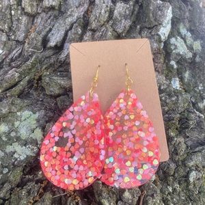 Pink shimmer hearts extra large teardrop earrings